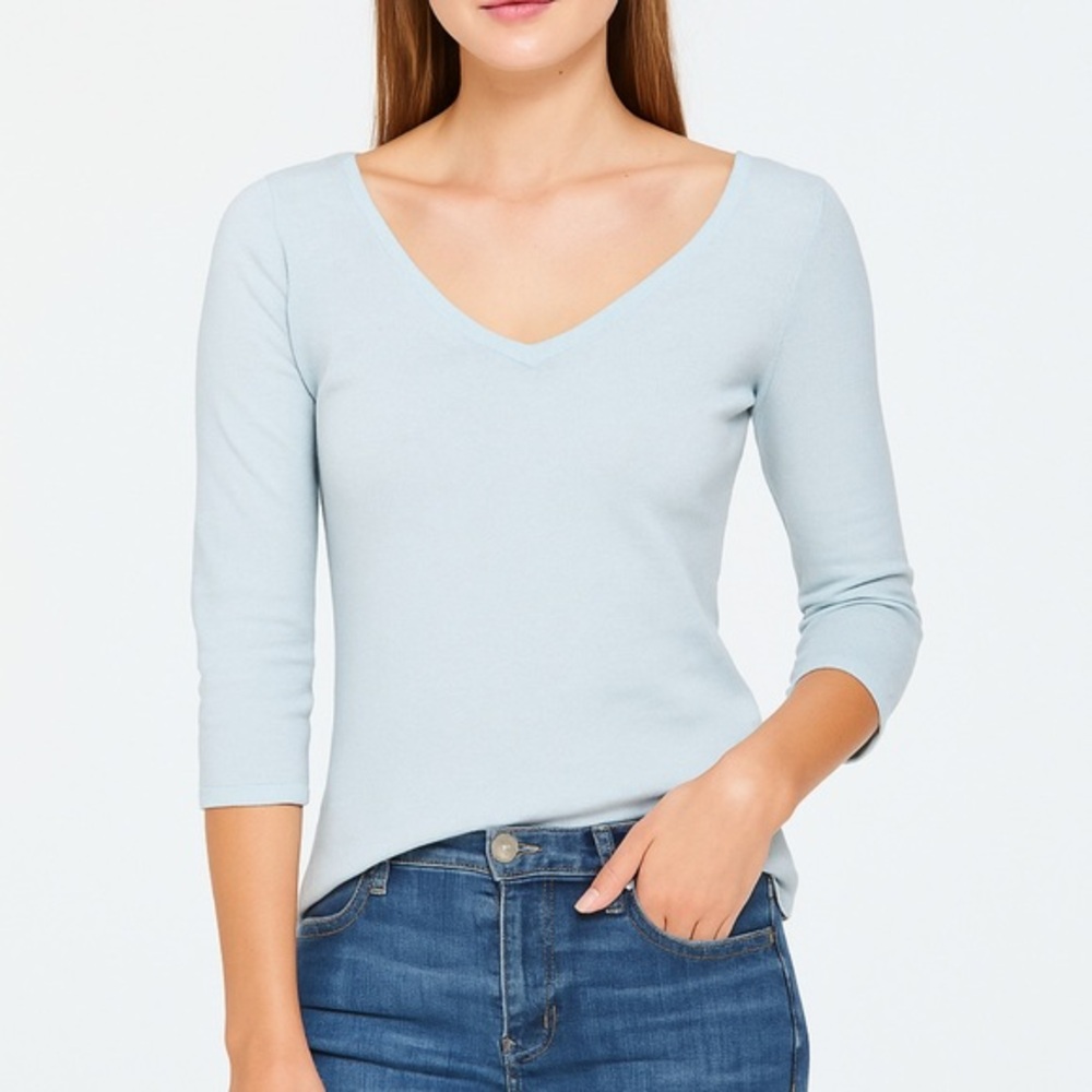 Mag Womens Size S Double V-neck Pullover‎ Sweater Light Blue Silk Cashmere Basic
